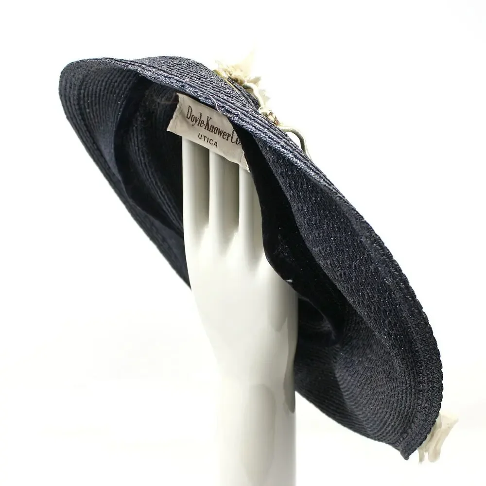 Vintage 40s Navy Blue Flower Platter Tilt Hat 12
